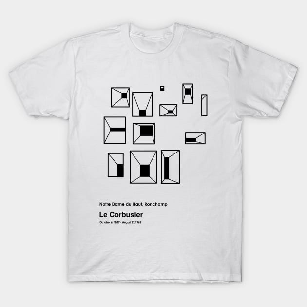 Le Corbusier Notre Dame du Haut Building Black Outline T-Shirt by AtifSlm